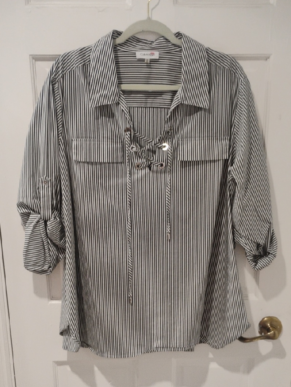 Calvin Klein Black and White Striped Lace-Up Blouse